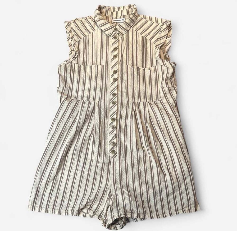 Urban Outfitters Zoey Workwear Striped Cream Brown Button Down Romper in XS